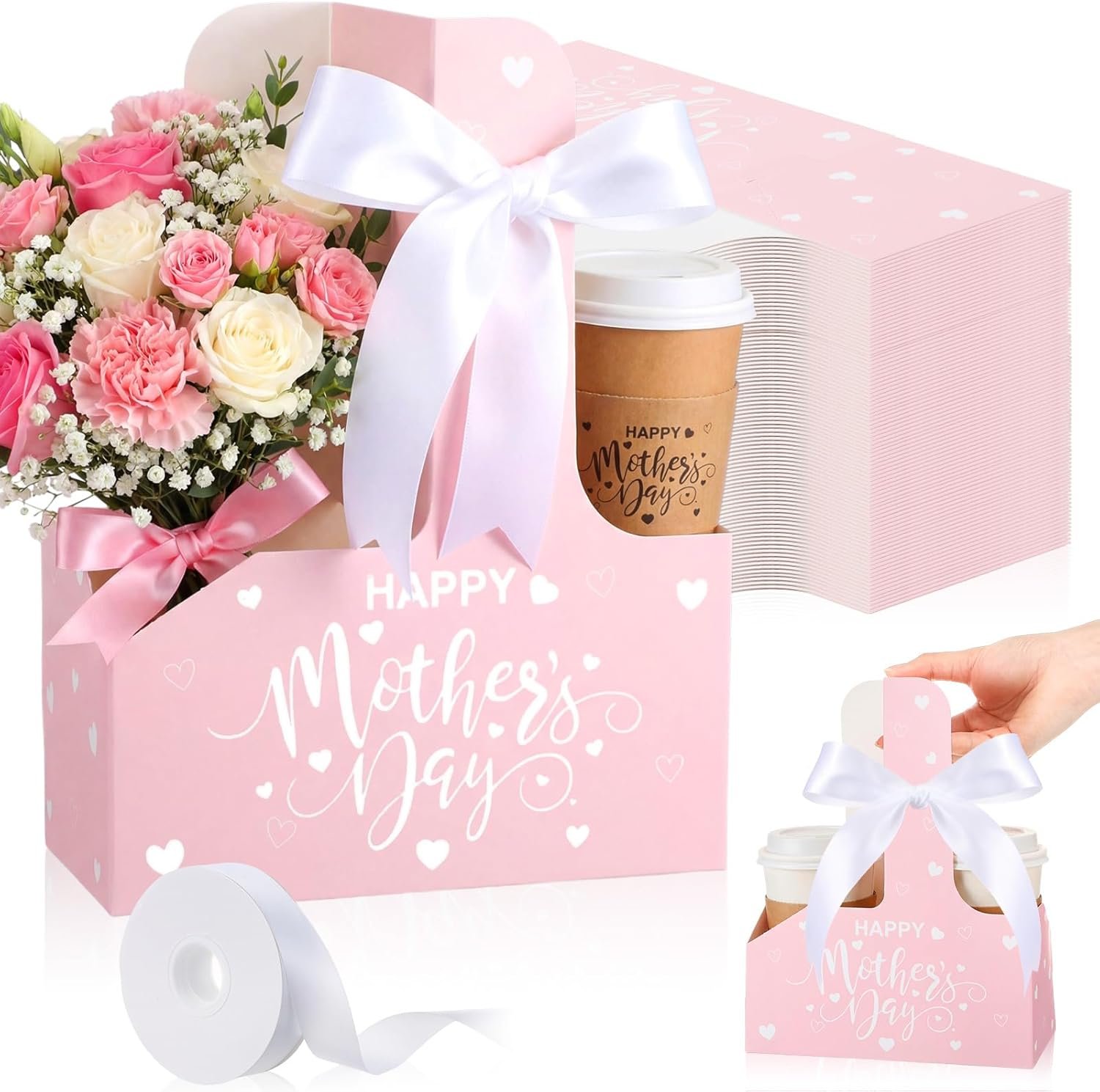 Marchio Bianco - Confezione da 36 Portaporta 2 Tazze Monouso Scatole Fiore con Manico Nastro Carta Kraft per Festa della Mamma San Valentino Regali Insegnanti - Logo Personalizzato Fornitore