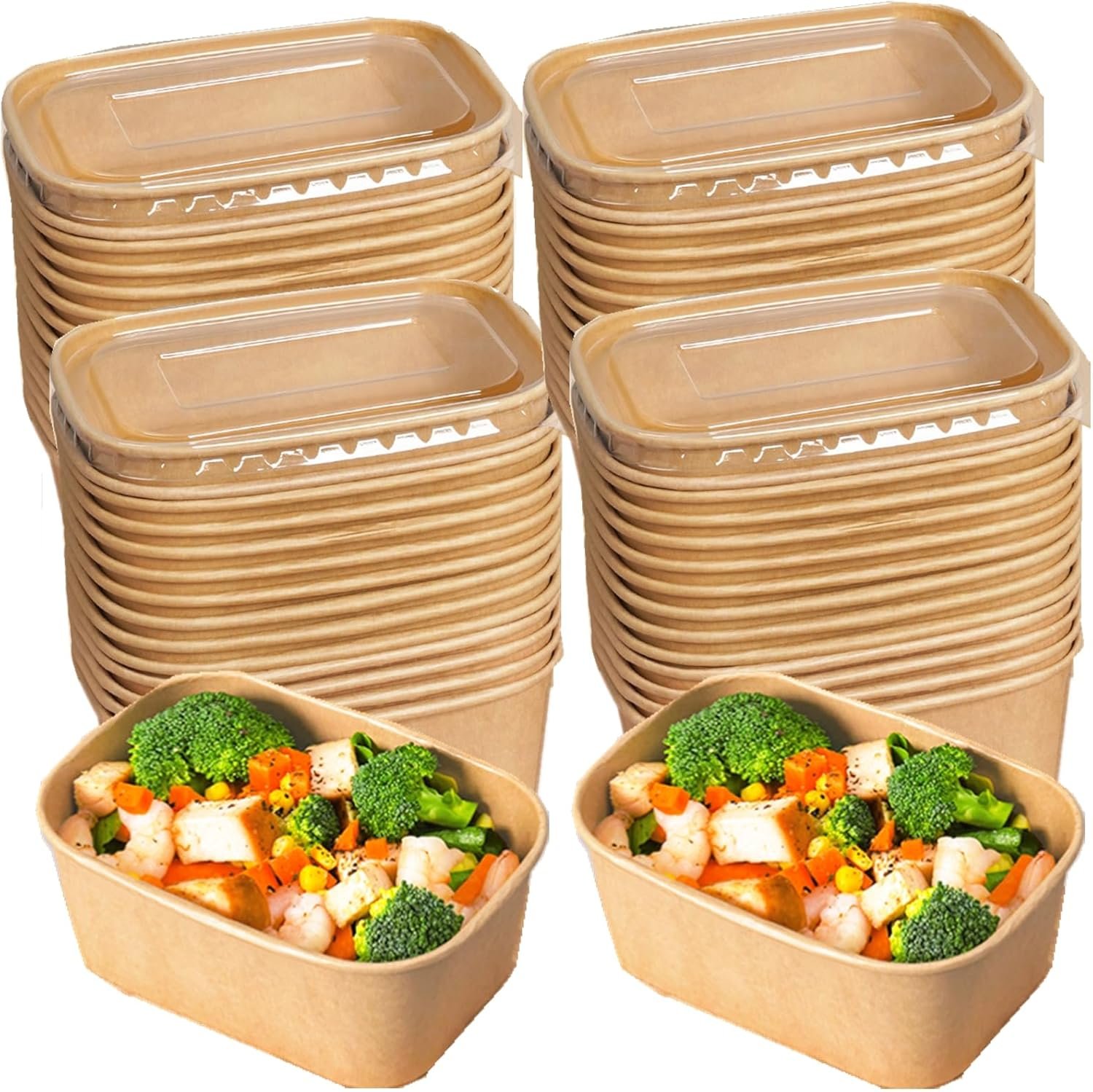 Marchio Bianco Confezione da 50 Contenitori Meal Prep Carta 25oz con Coperchi Logo Personalizzato Monouso Kraft Impilabili Resistenti all'Olio Ciotole Insalata Asporto Picnic Feste Fornitore Sicuri Microonde Congelatore