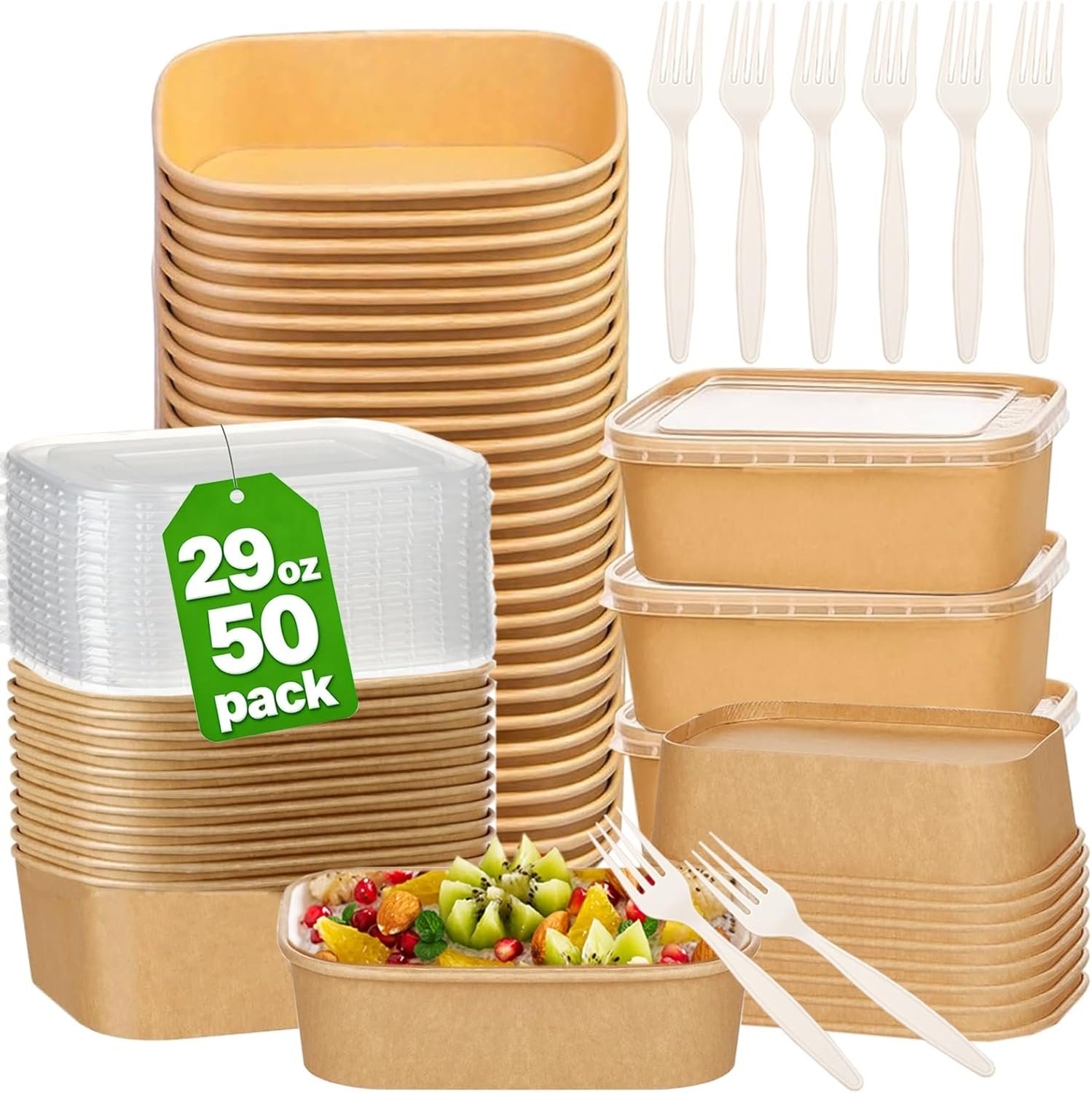 Marchio Bianco Confezione da 50 Contenitori Monouso da 29 oz per Preparazione Pasti con Coperchi e Forchette Ciotole Carta Kraft Asporto Microonde Freezer Safe per Cibi Caldi Freddi Insalate con Logo Personalizzato Fornitore Diretto