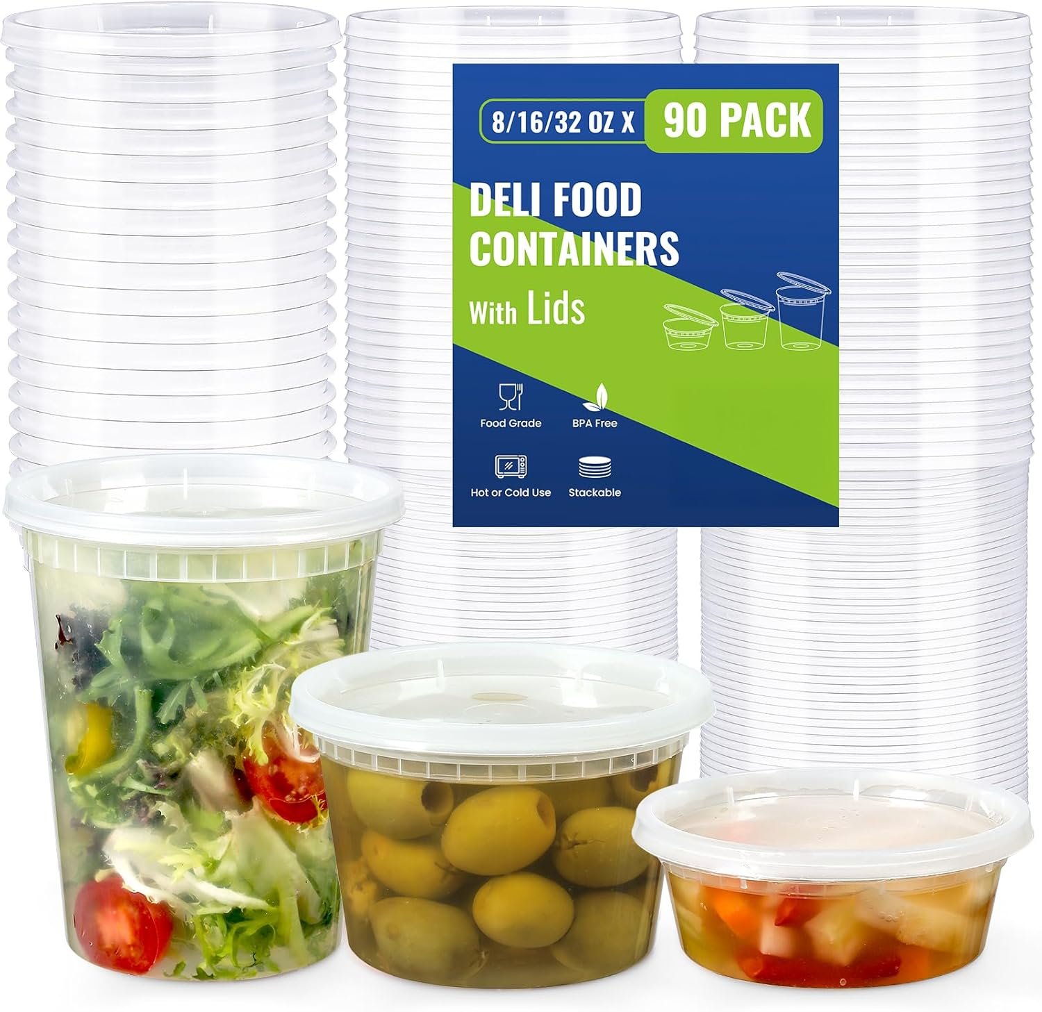 Marchio Bianco Contenitori Deli in Plastica con Logo Personalizzato 90 Set con Coperchi Formati Assortiti (8 oz 16oz 32oz) Confezione Mista Ermetici per Conservazione Alimenti da Asporto per Zuppe Adatti Congelatore Lavastoviglie Microonde dal Produttore