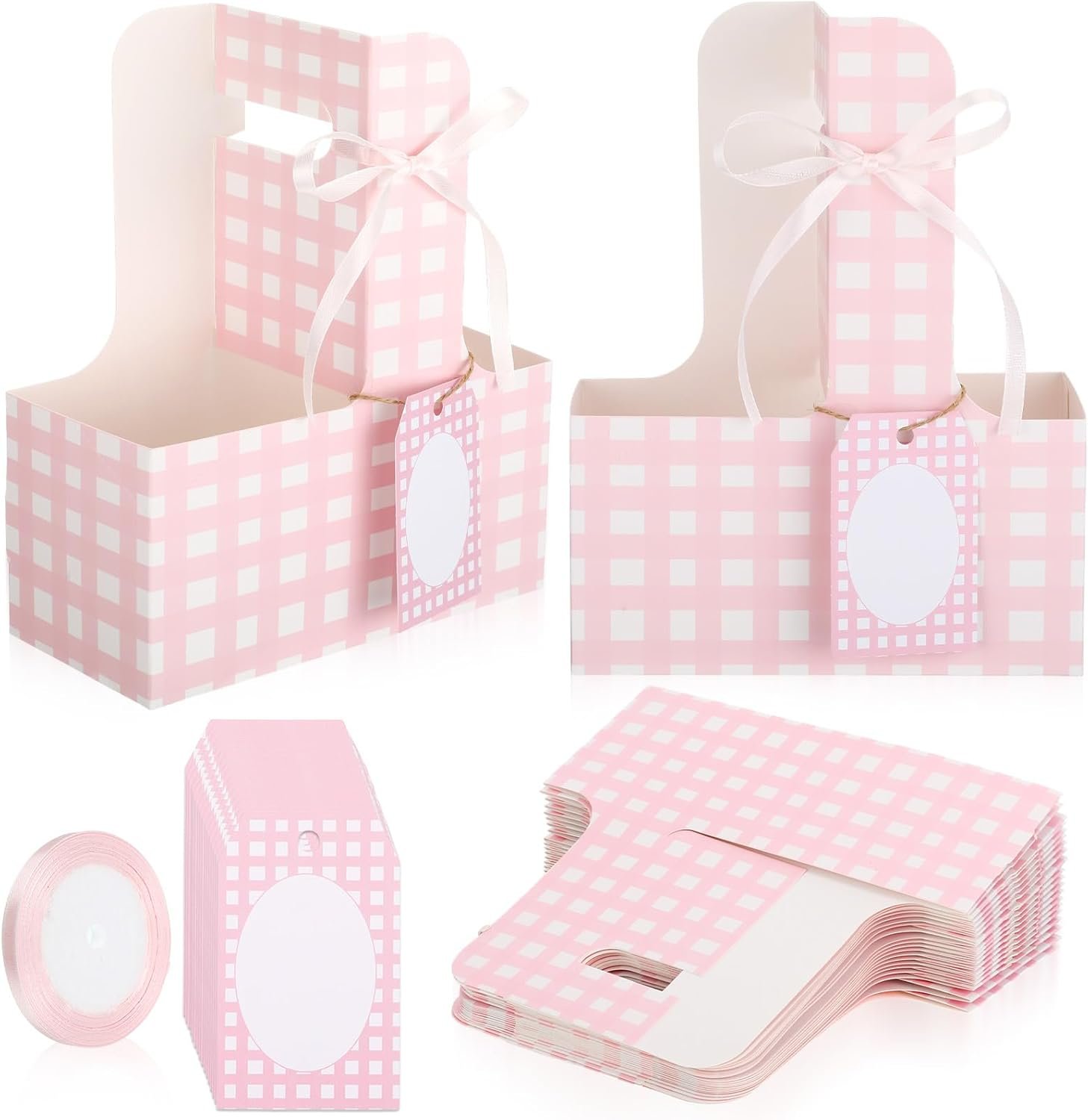 Produttore 24 Set Portabevande per 2 Tazze con Manici Carte Gingham Design Fiori Rosa Logo Personalizzato per Festa della Mamma Matrimonio Compleanno Regalo Insegnanti Marchio Bianco