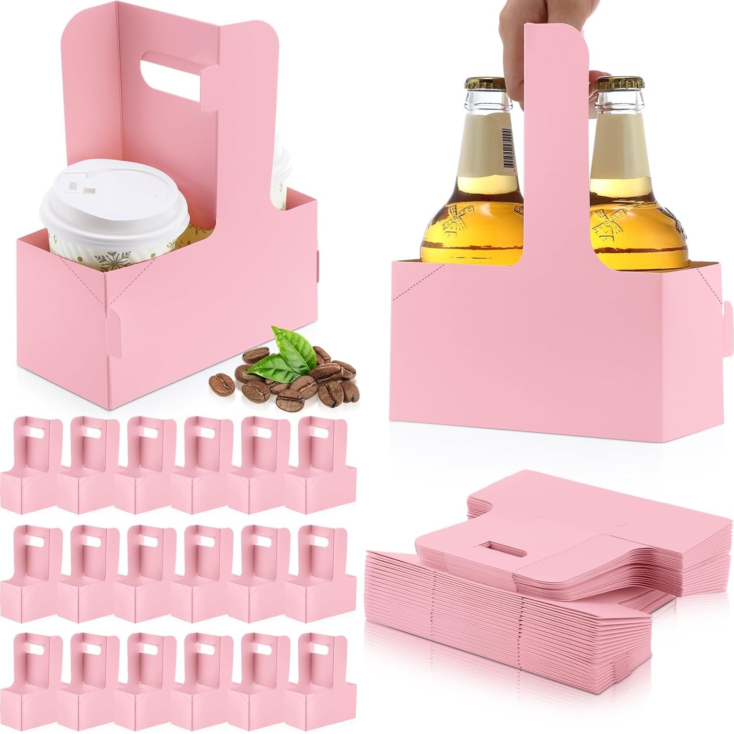 Produttore Portabevande 2 Bicchieri con Maniglia 60 Pezzi 17,5 x 8,1 x 22,6 cm con Logo Personalizzato Cartone per Bevande Calde Fredde Takeaway Caffè Ristoranti Matrimoni Consegne Marchio Bianco Rosa