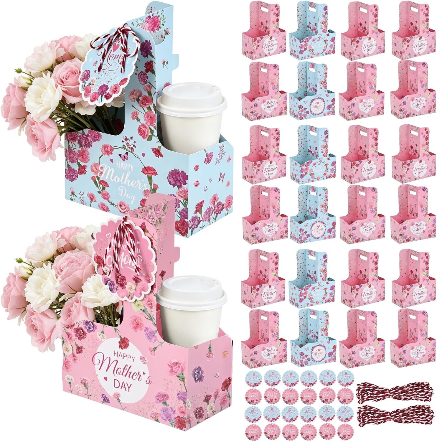 Produttore Portatazza da 2 Tazze 24 Pezzi con Logo Personalizzato e Maniglia a Etichetta in Cartone Monouso per Festa della Mamma Bevande Calde Fredde Caffè Marchio Bianco