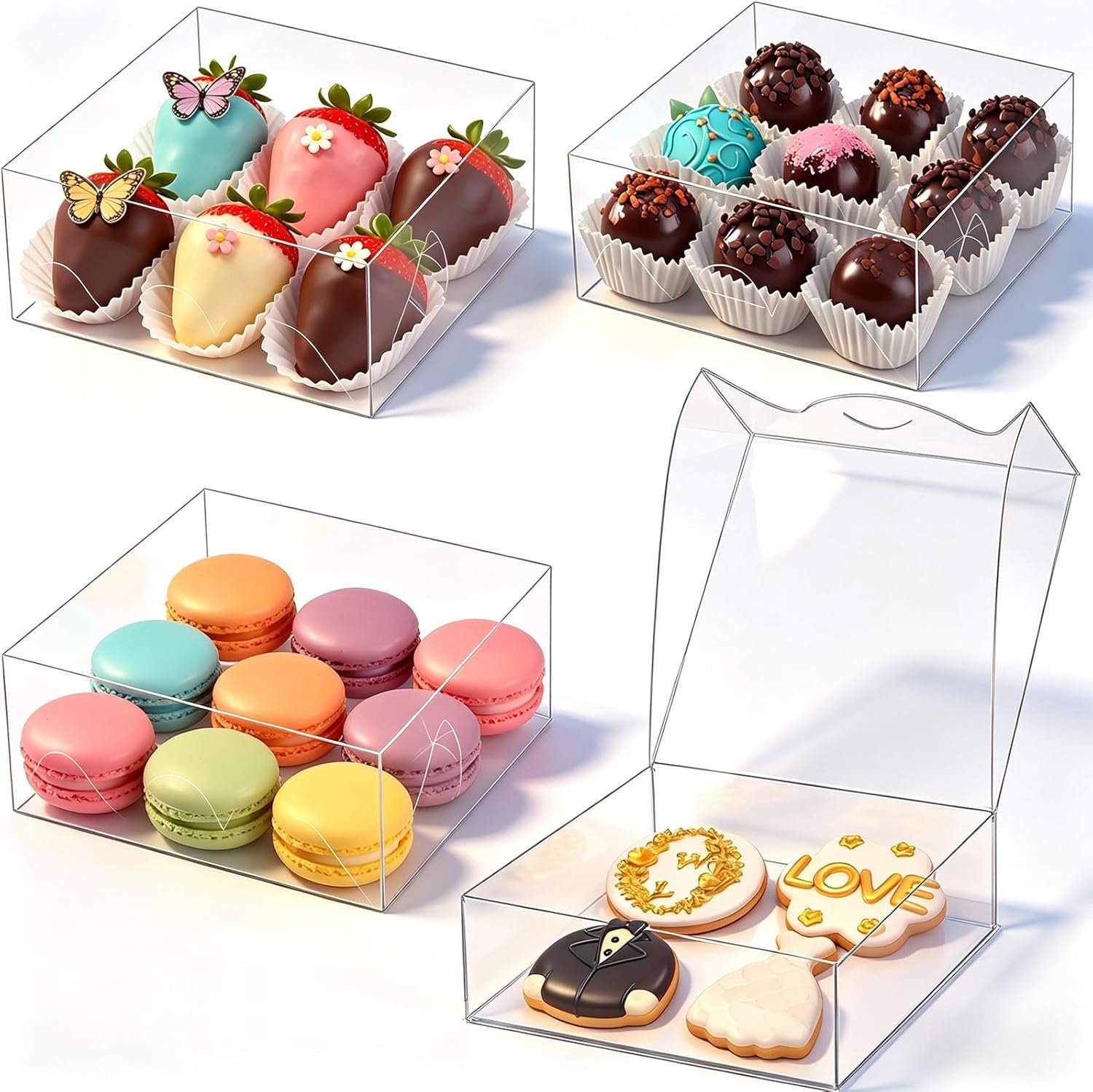 Produttore Scatole per Biscotti 6x6x2 Pollici con Finestra Trasparente 20 Pz con Logo Personalizzato per Macaron Fragole al Cioccolato Torte Pasticceria Tartufi Cakesicle Marchio Bianco
