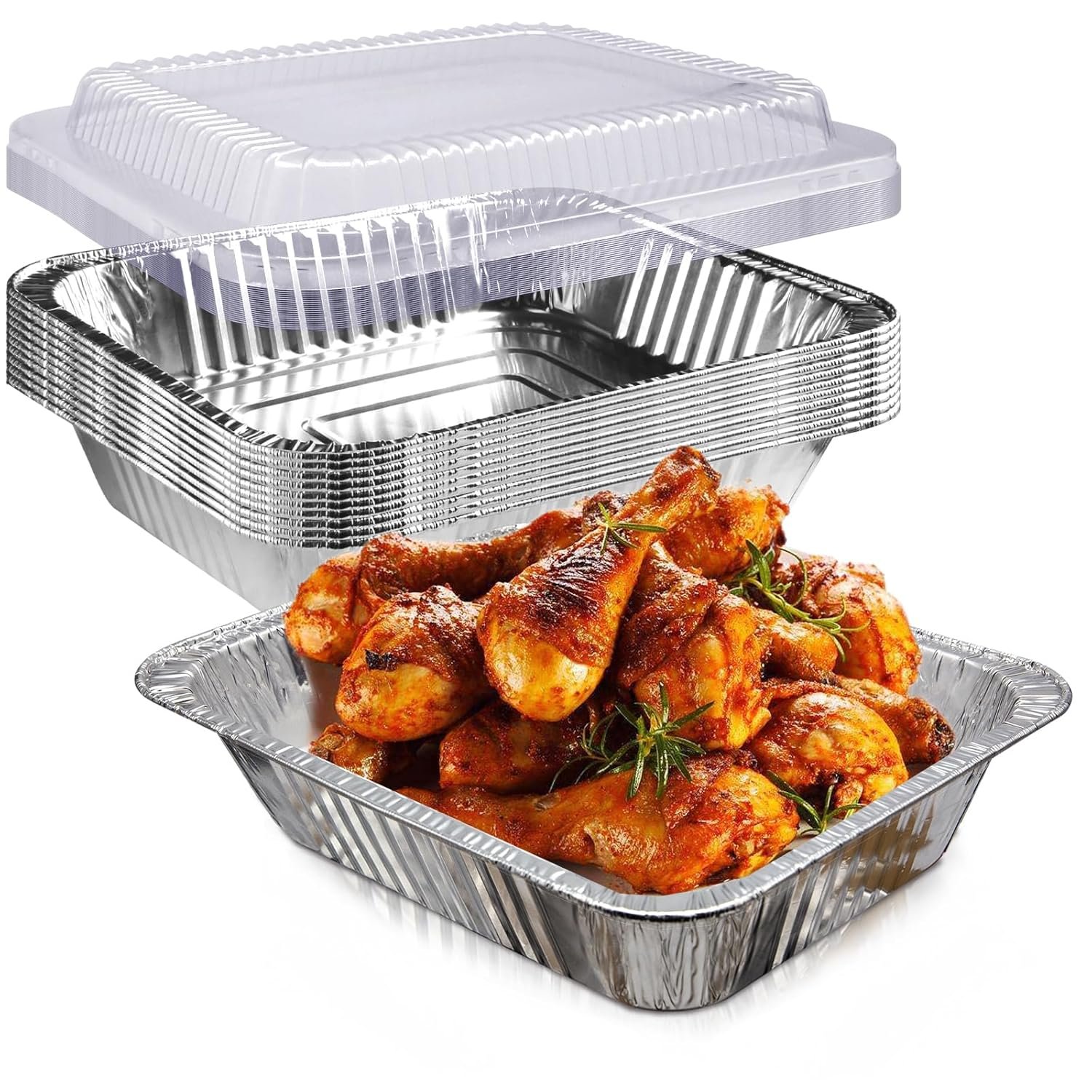 Produttore Teglie Monouso Alluminio 9x13 con Coperchi Trasparenti Confezione da 10 Logo Personalizzato Contenitori Alimenti Resistenti Formato 1/2 Profondo Extra Heavy Duty per Forno Cottura Arrosto Riscaldamento Tavolo Vapore Marchio Bianco